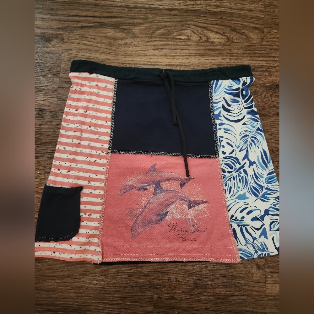 Handmade Unique Patchwork Skirt with Dolphin Print